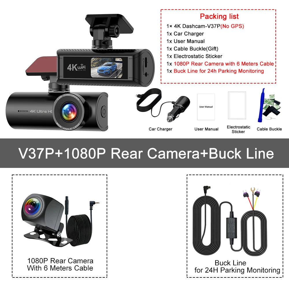 Kocam 4K WiFi Dash Cam for Car DVR Camera Dual Lens Auto Night Vision WDR Video Recorder Support GPS Black Box Rear View Camera