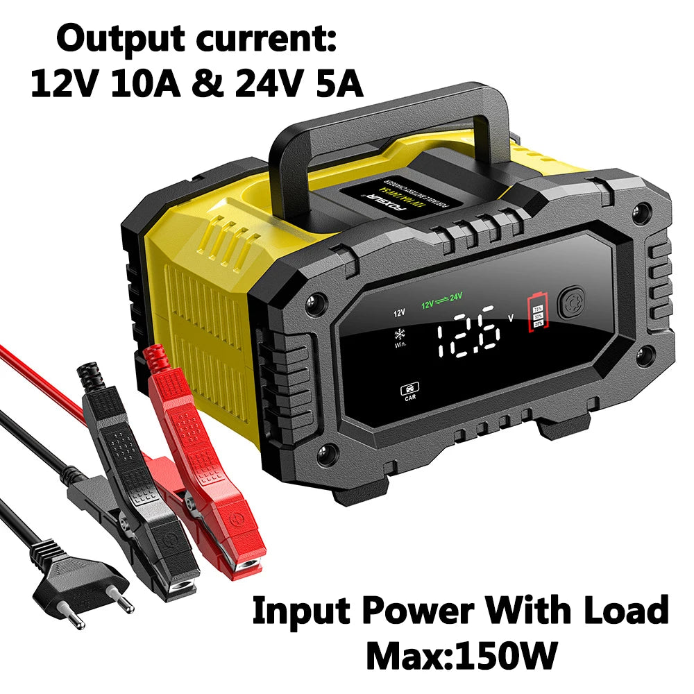 FOXSUR 12V 24V FPT100 FPT200 Car Battery Charger For Moto For Truck Battery Repair for Lead-Acid AGM LiFePo4 EFB GEL WET