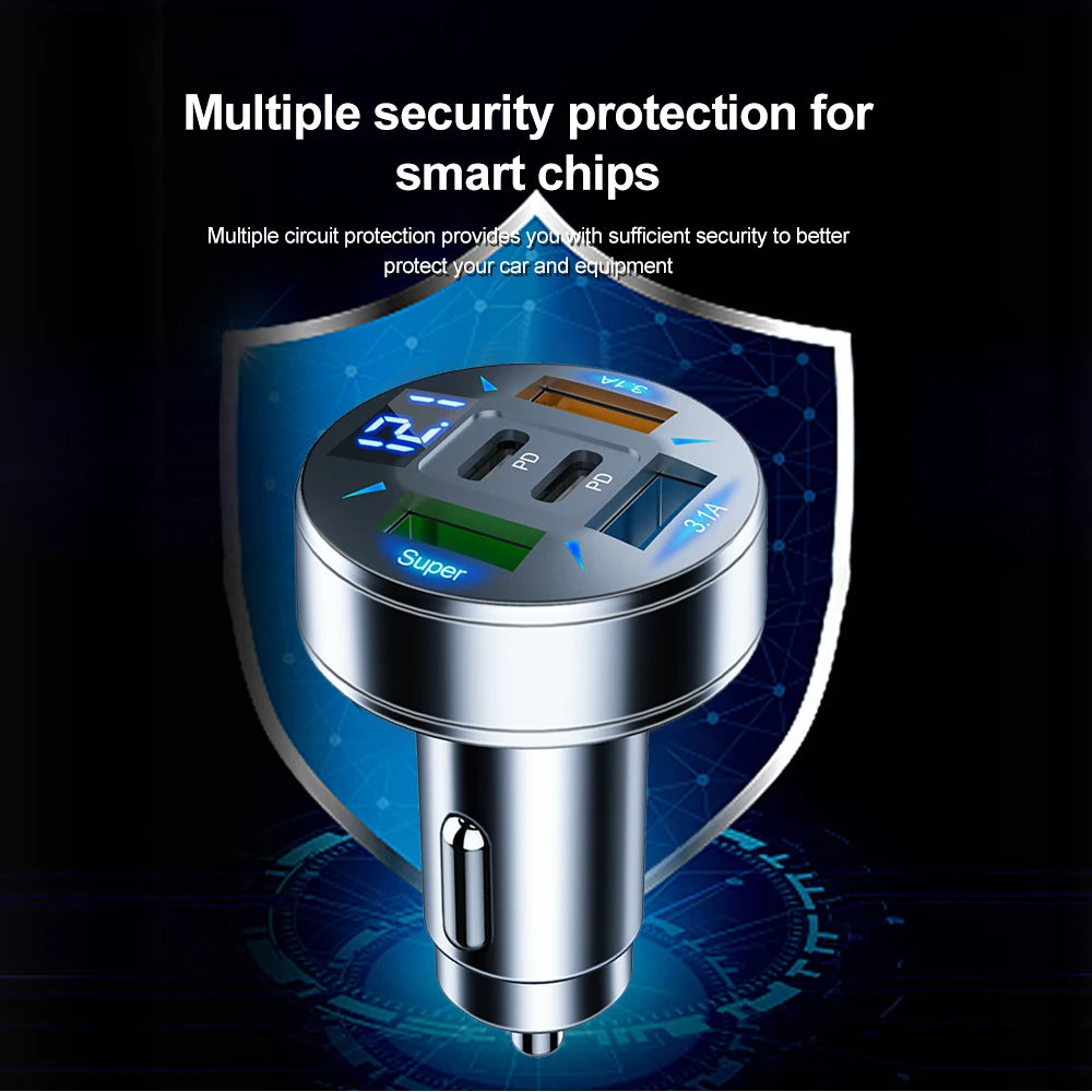 250W 5 Ports Car Charger Fast Charging PD QC3.0 USB C Car Phone Charger Adapter With Voltage For iPhone Samsung Huawei Xiaomi