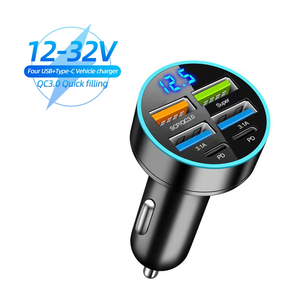 250W 5 Ports Car Charger Fast Charging PD QC3.0 USB C Car Phone Charger Adapter With Voltage For iPhone Samsung Huawei Xiaomi