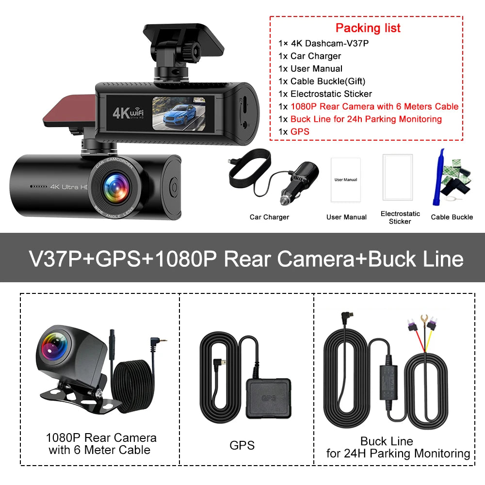 Kocam 4K WiFi Dash Cam for Car DVR Camera Dual Lens Auto Night Vision WDR Video Recorder Support GPS Black Box Rear View Camera