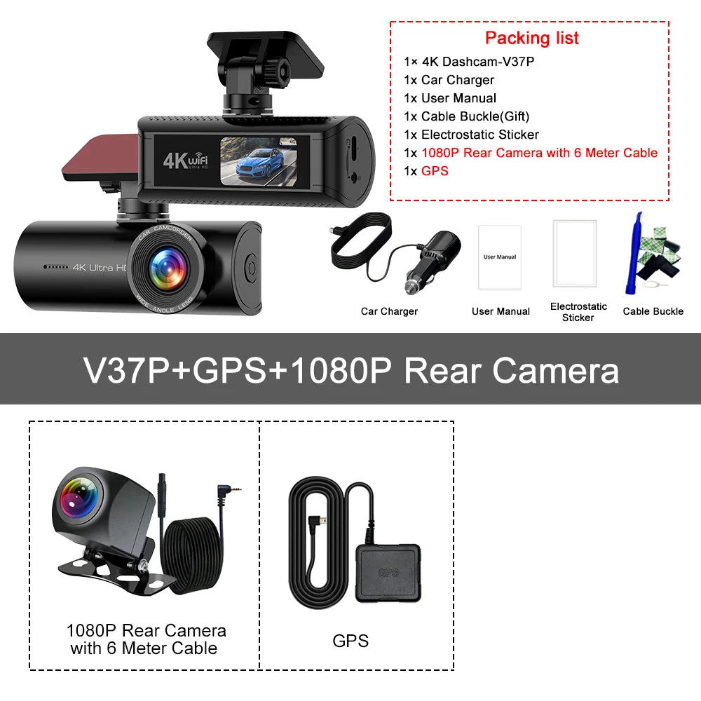 Kocam 4K WiFi Dash Cam for Car DVR Camera Dual Lens Auto Night Vision WDR Video Recorder Support GPS Black Box Rear View Camera