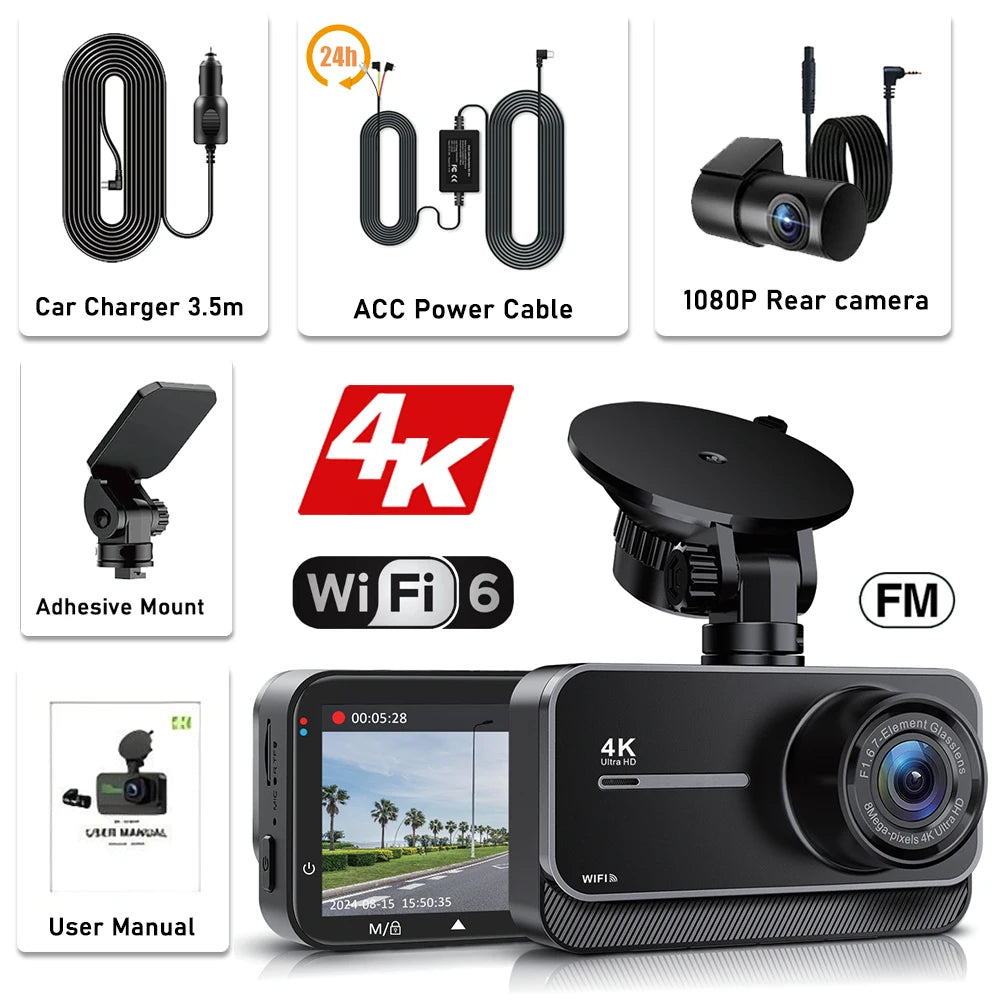 4K Dash Cam for Cars Car Camera Dash Cam WIFI Camera for Car Front and Rear Dash Camera Black Box 24H Parking Mode Recorder