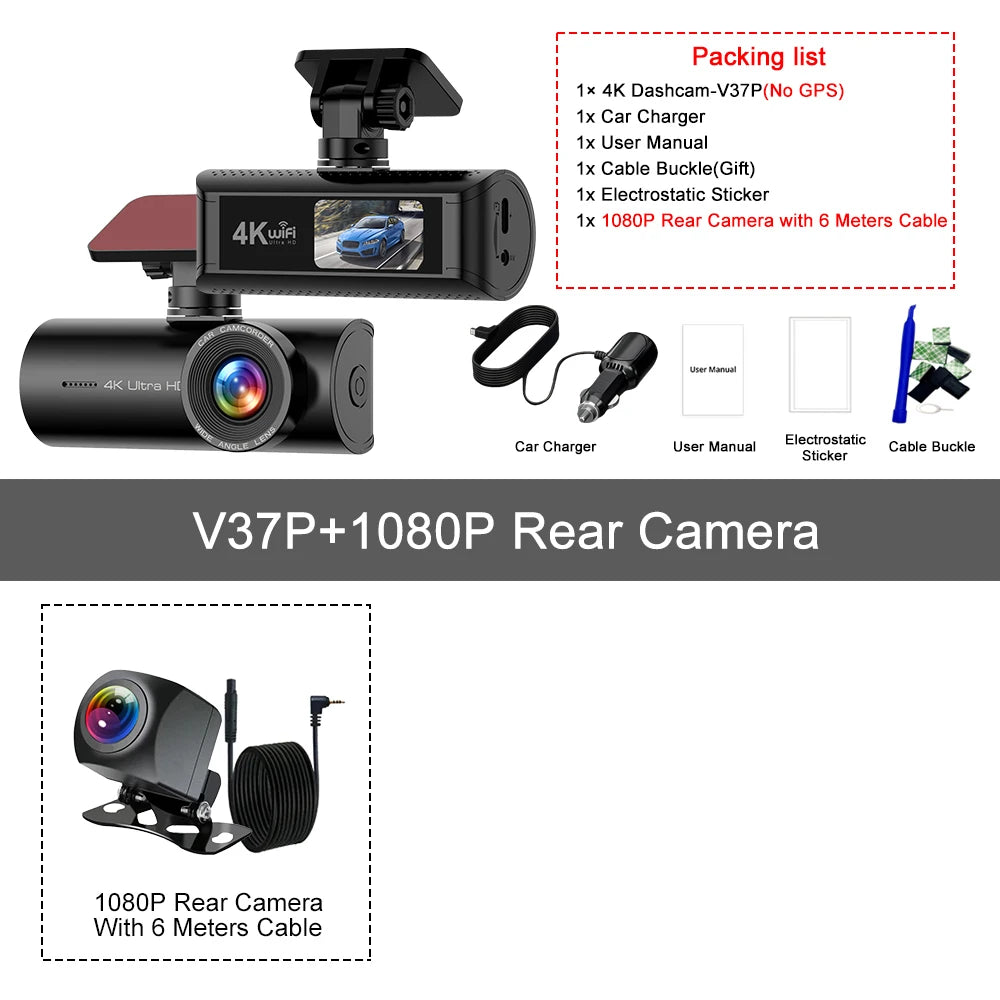 Kocam 4K WiFi Dash Cam for Car DVR Camera Dual Lens Auto Night Vision WDR Video Recorder Support GPS Black Box Rear View Camera