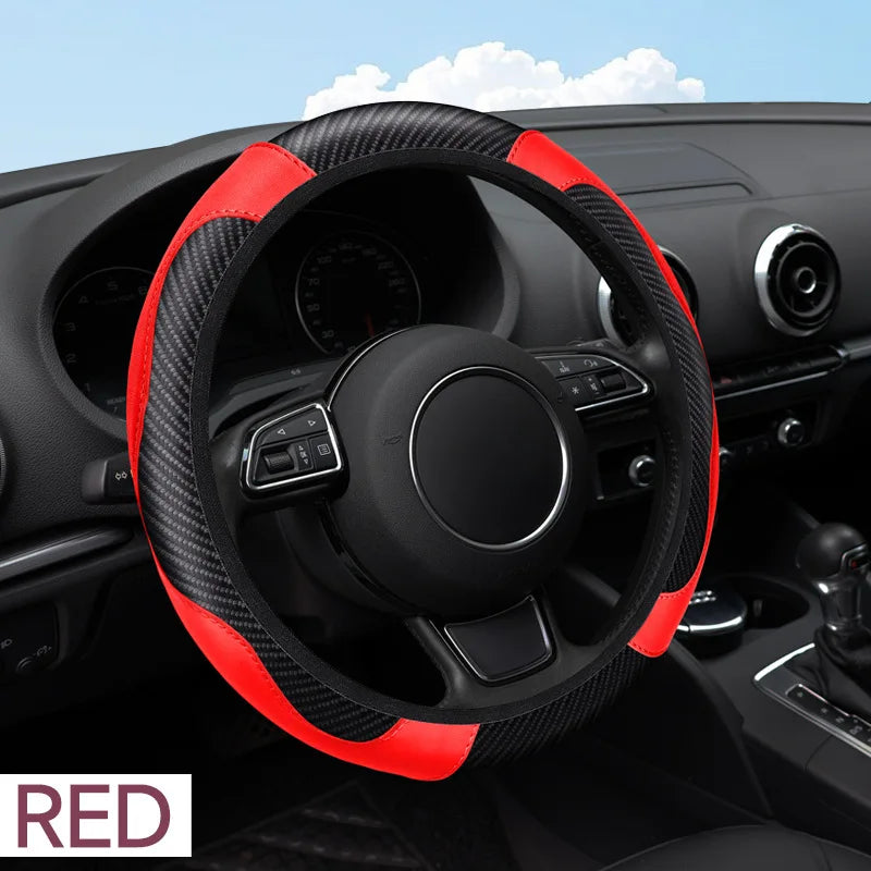Universal Car Steering Wheel Cover Carbon Fiber Leather Embossed Car Handle Cover Suitable For Car Steering Wheels Men Women