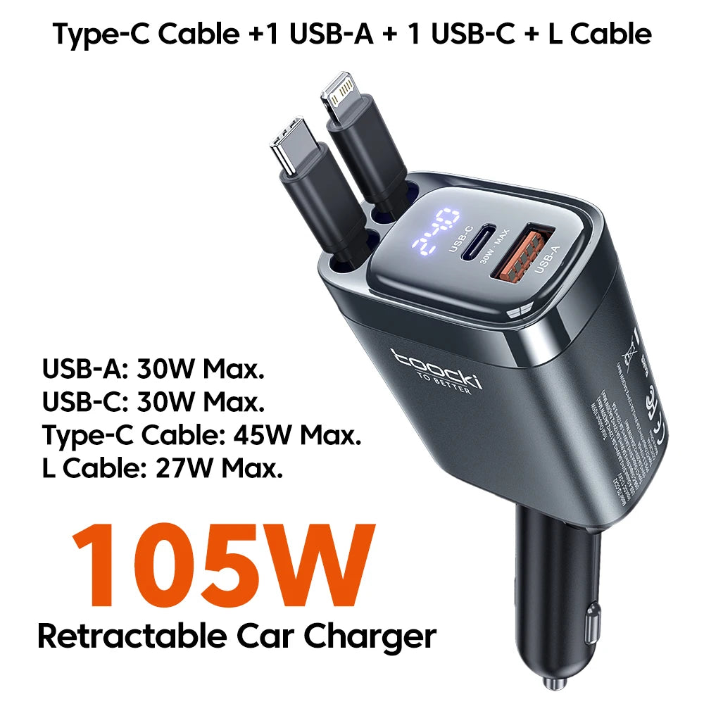 Toocki 4 IN 1 Retractable Car Charger 105W Mobile Phone Charger Type C Cable For iPhone 16 15 Fast Charge Cord Cigarette Adapter