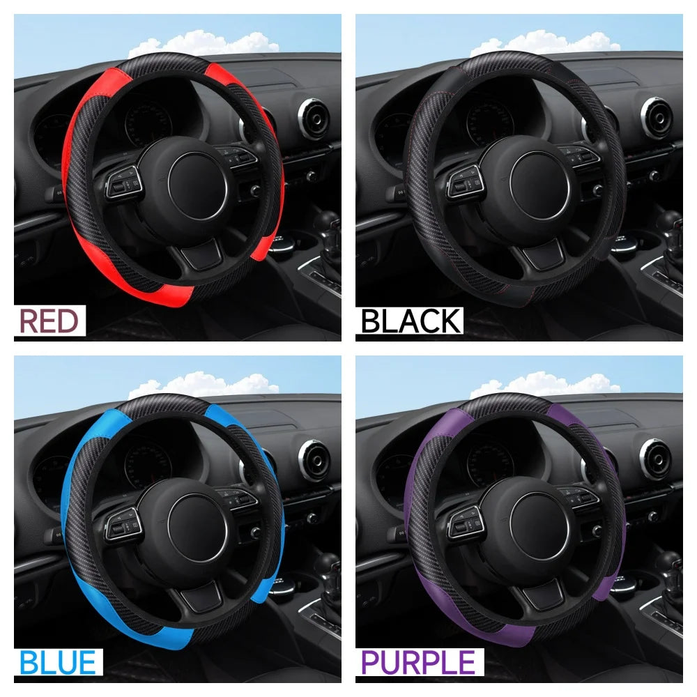 Universal Car Steering Wheel Cover Carbon Fiber Leather Embossed Car Handle Cover Suitable For Car Steering Wheels Men Women