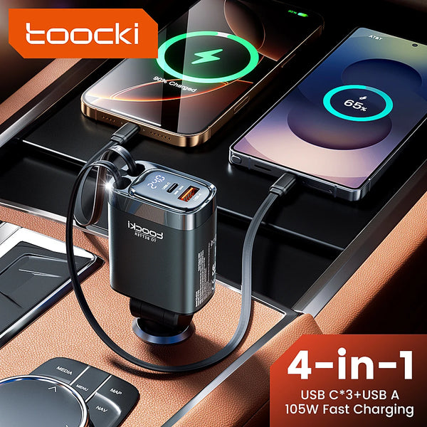 Toocki 4 IN 1 Retractable Car Charger 105W Mobile Phone Charger Type C Cable For iPhone 16 15 Fast Charge Cord Cigarette Adapter