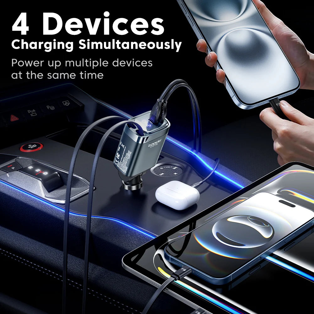 Toocki 4 IN 1 Retractable Car Charger 105W Mobile Phone Charger Type C Cable For iPhone 16 15 Fast Charge Cord Cigarette Adapter