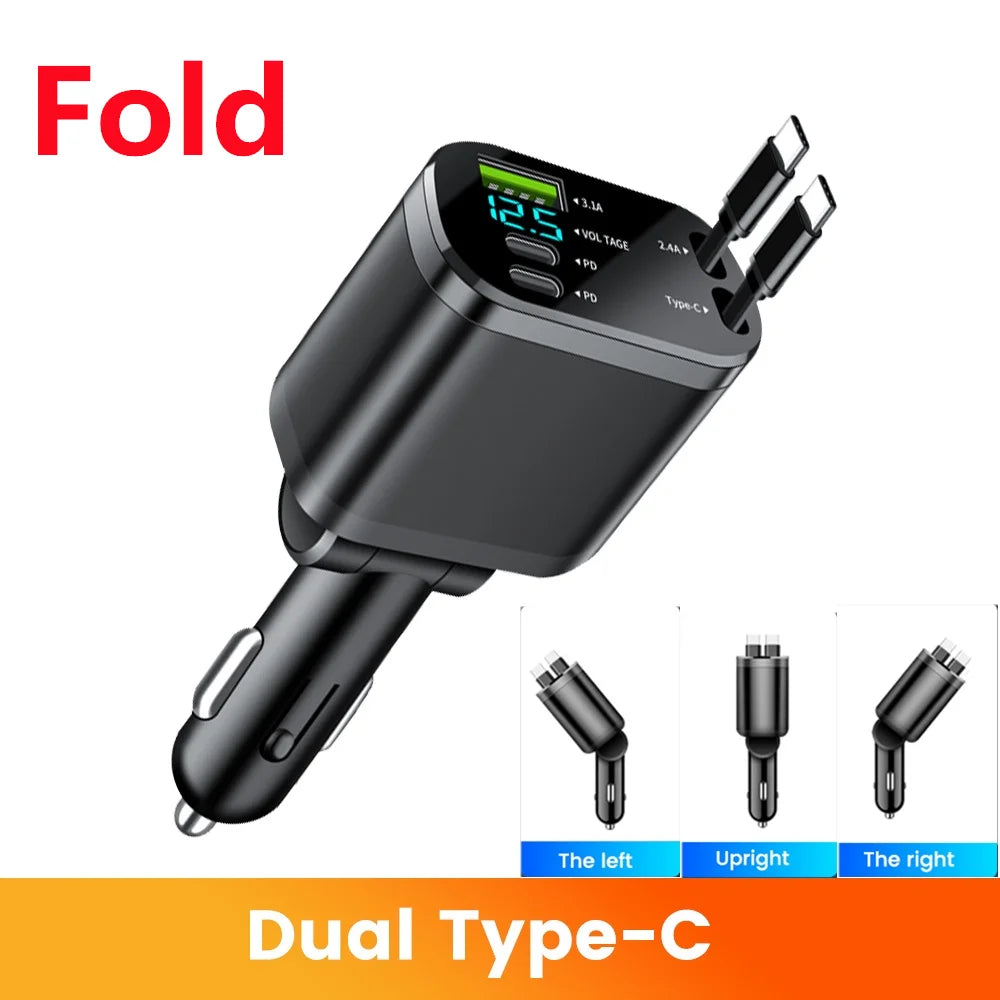 Elough 5 in 1 Car Charger Adapter USB Charger Fast Charging For iPhone 15 Samsung Retractable USB C to Type C Cable Car cargador