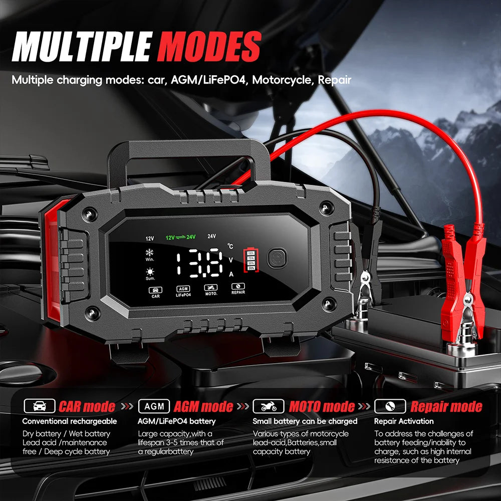 FOXSUR 12V 24V FPT100 FPT200 Car Battery Charger For Moto For Truck Battery Repair for Lead-Acid AGM LiFePo4 EFB GEL WET