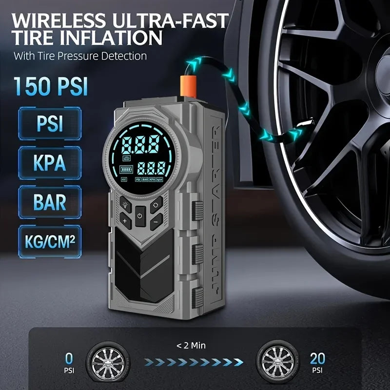Compact 12V 2-in-1 Car Jump Starter & Tire Inflator - JKUOO 150PSI Inflation, -40°C Resistant, LED Light USB Ports