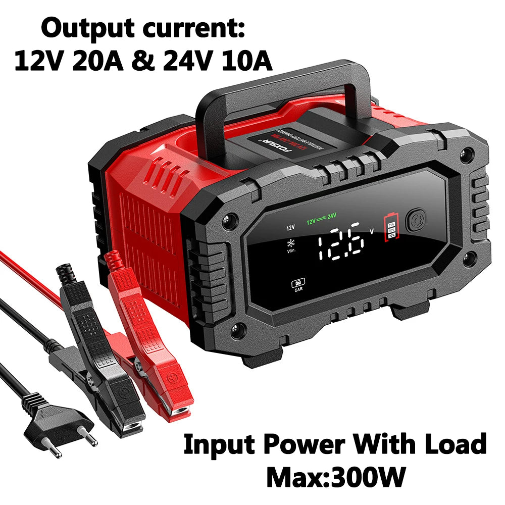 FOXSUR 12V 24V FPT100 FPT200 Car Battery Charger For Moto For Truck Battery Repair for Lead-Acid AGM LiFePo4 EFB GEL WET