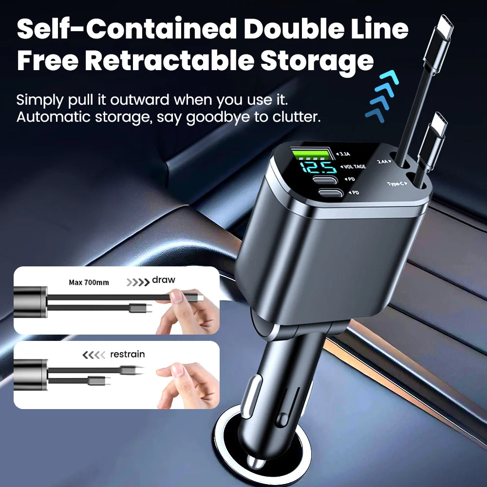 Elough 5 in 1 Car Charger Adapter USB Charger Fast Charging For iPhone 15 Samsung Retractable USB C to Type C Cable Car cargador