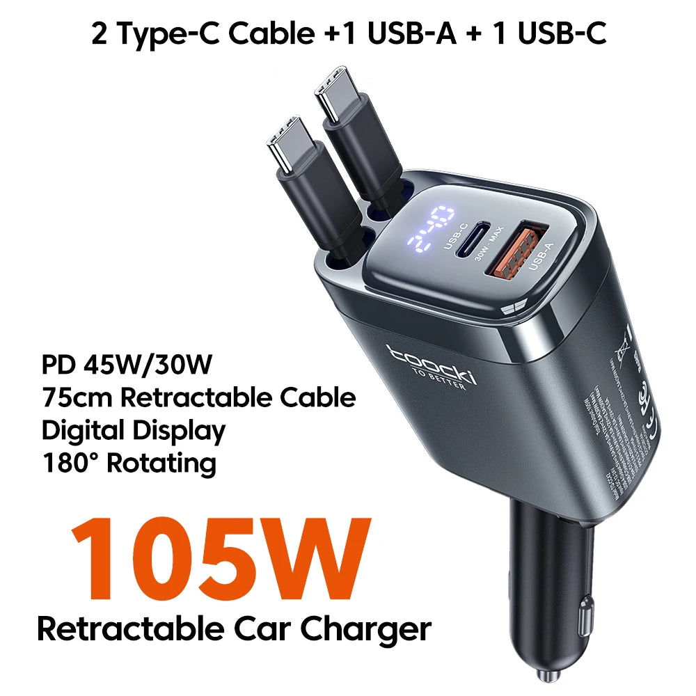 Toocki 4 IN 1 Retractable Car Charger 105W Mobile Phone Charger Type C Cable For iPhone 16 15 Fast Charge Cord Cigarette Adapter