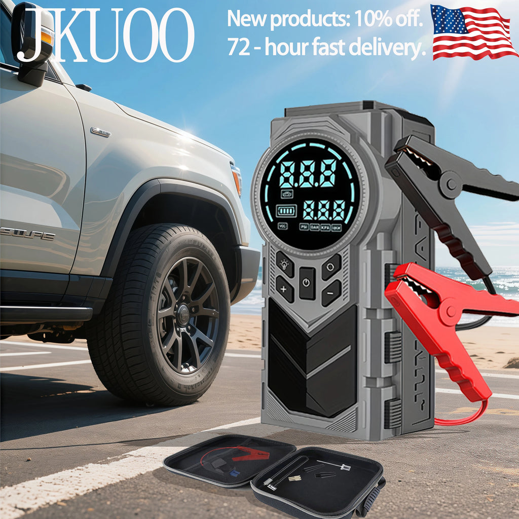 Compact 12V 2-in-1 Car Jump Starter & Tire Inflator - JKUOO 150PSI Inflation, -40°C Resistant, LED Light USB Ports