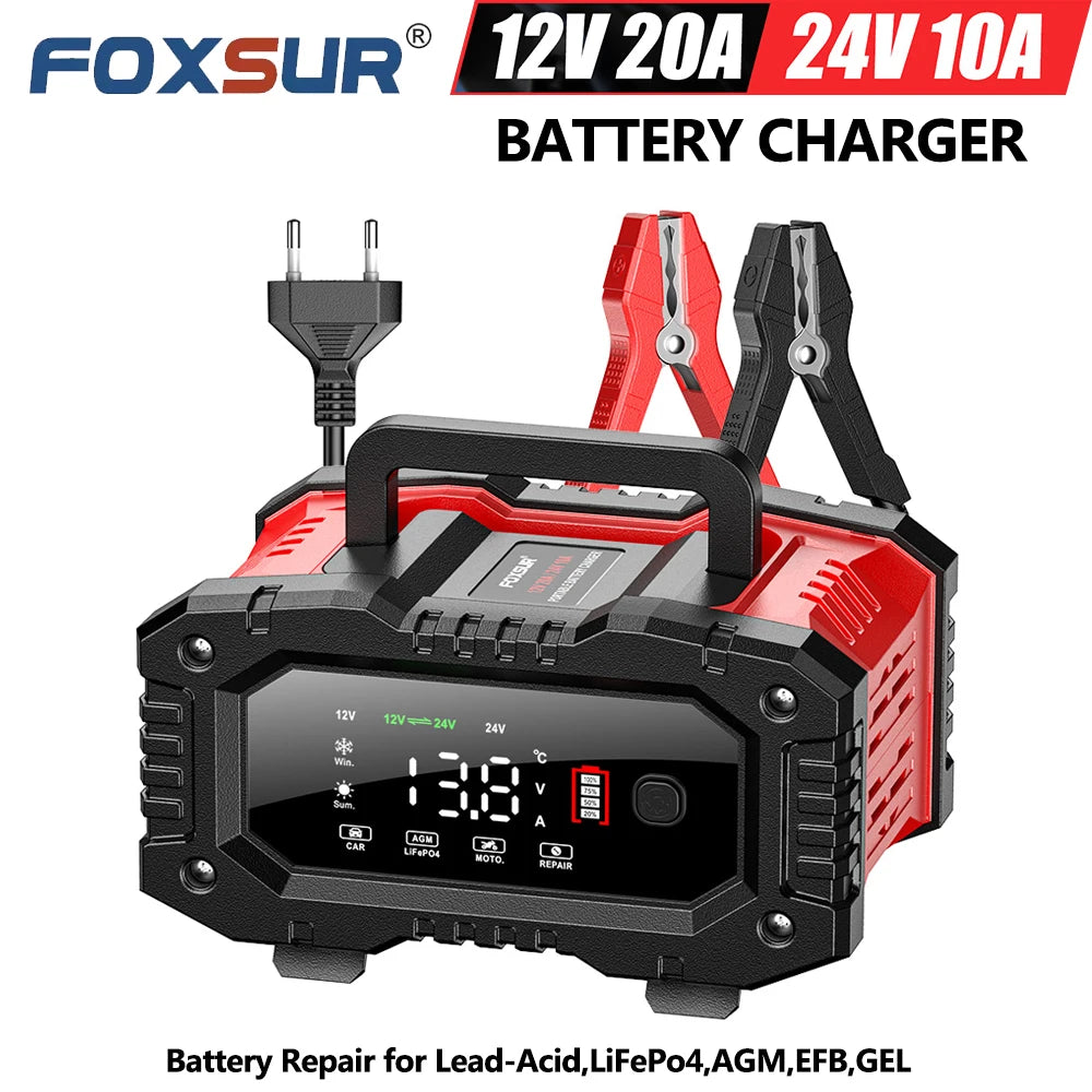 FOXSUR 12V 24V FPT100 FPT200 Car Battery Charger For Moto For Truck Battery Repair for Lead-Acid AGM LiFePo4 EFB GEL WET